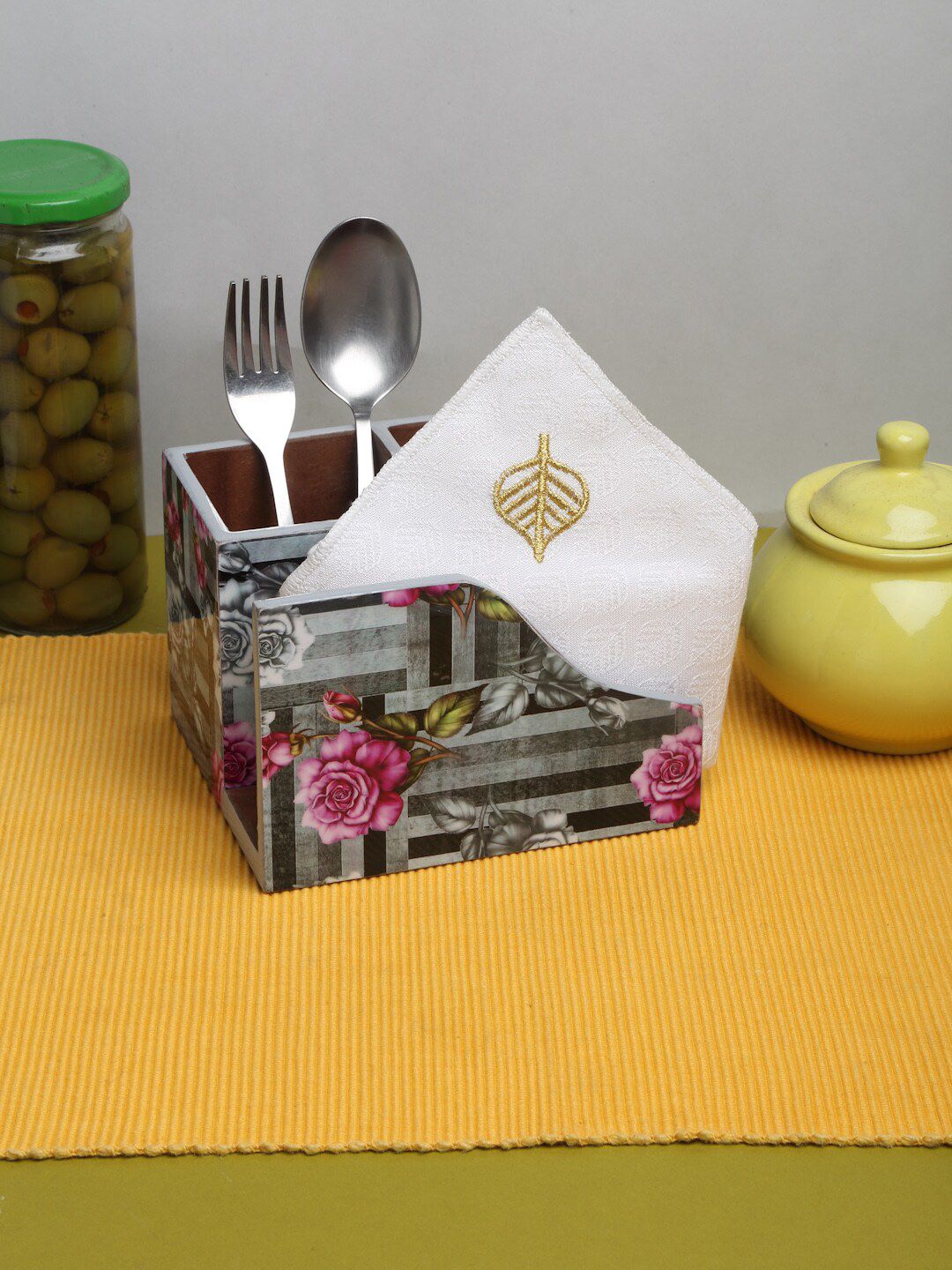 ROMEE Grey & Pink Printed Cutlery Holder For Dining with Tissue Paper Holder Price in India