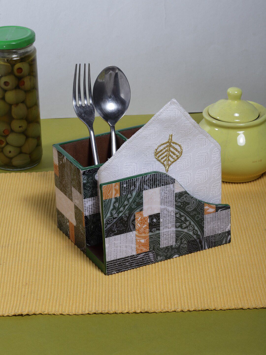 ROMEE Green Printed Cutlery & Tissue Wooden Dining Essentials with Tissue Paper Holder Price in India