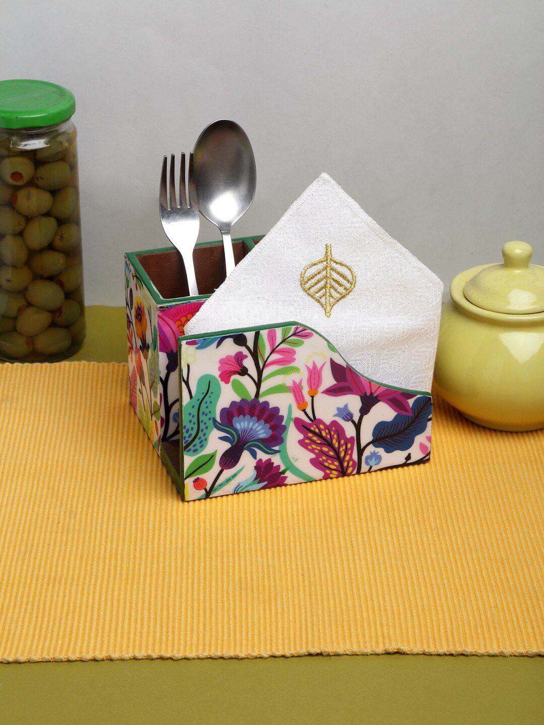 ROMEE White & Pink Printed Wooden Cutlery Holder with Tissue Paper Dining Essentials Price in India