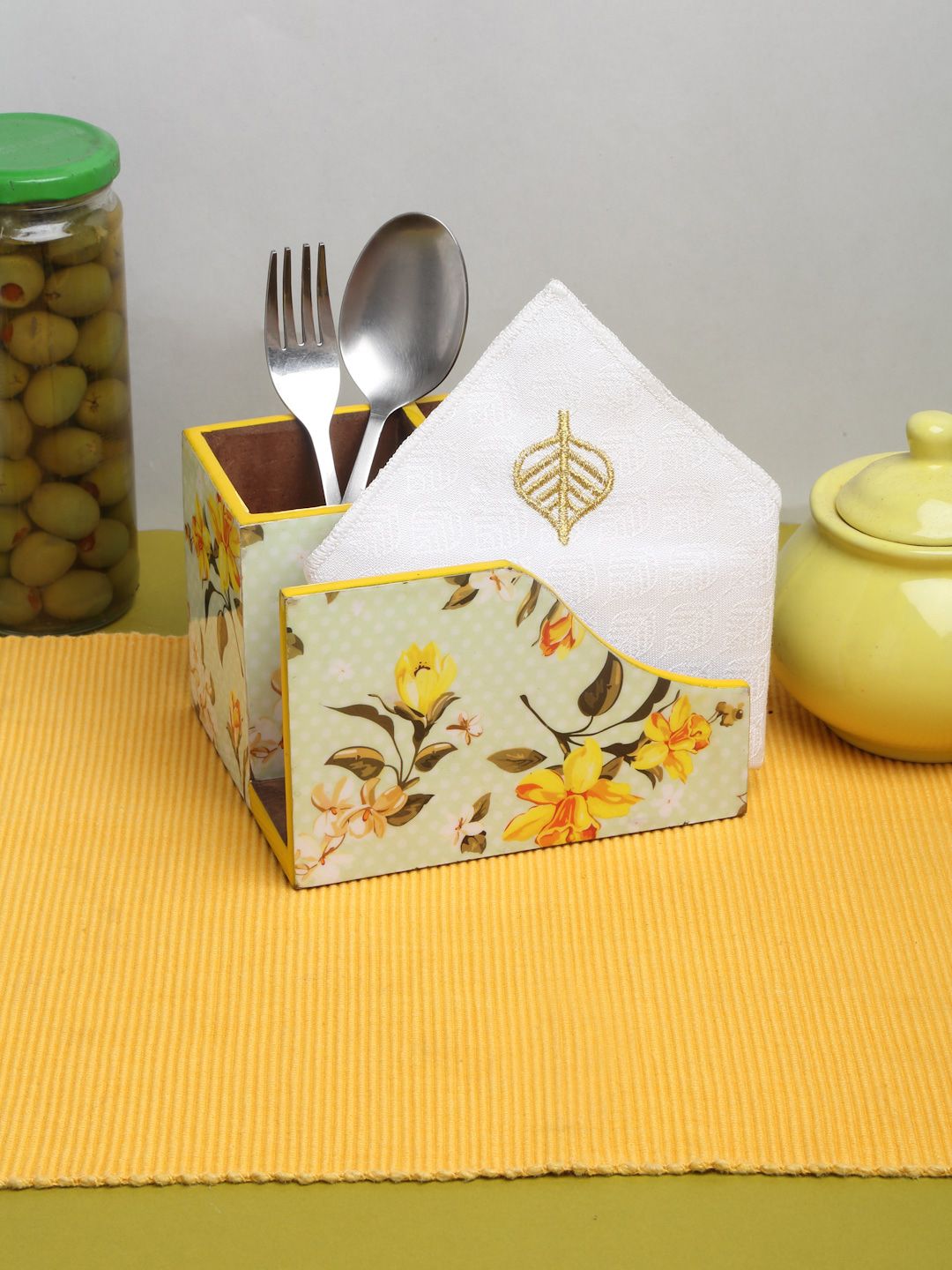 ROMEE Green & Yellow Printed Cutlery Holder with Tissue Paper Holder Price in India