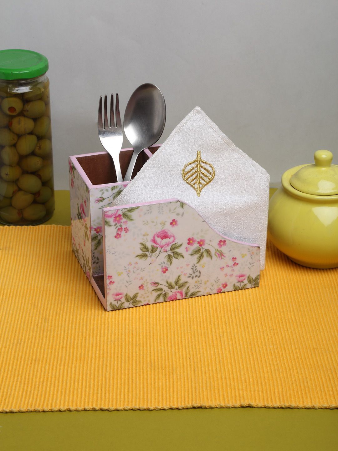 ROMEE White Printed Cutlery Holder For Dining Table Decor with Tissue Paper Holder Price in India