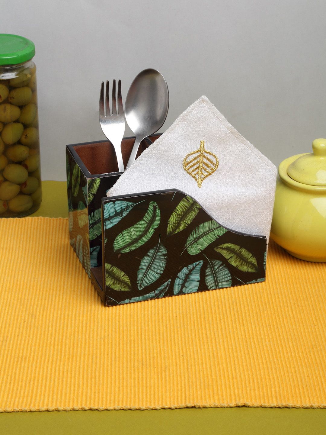 ROMEE Green & Blue Printed Wooden Cutlery Holder with Tissue Paper Holder Price in India