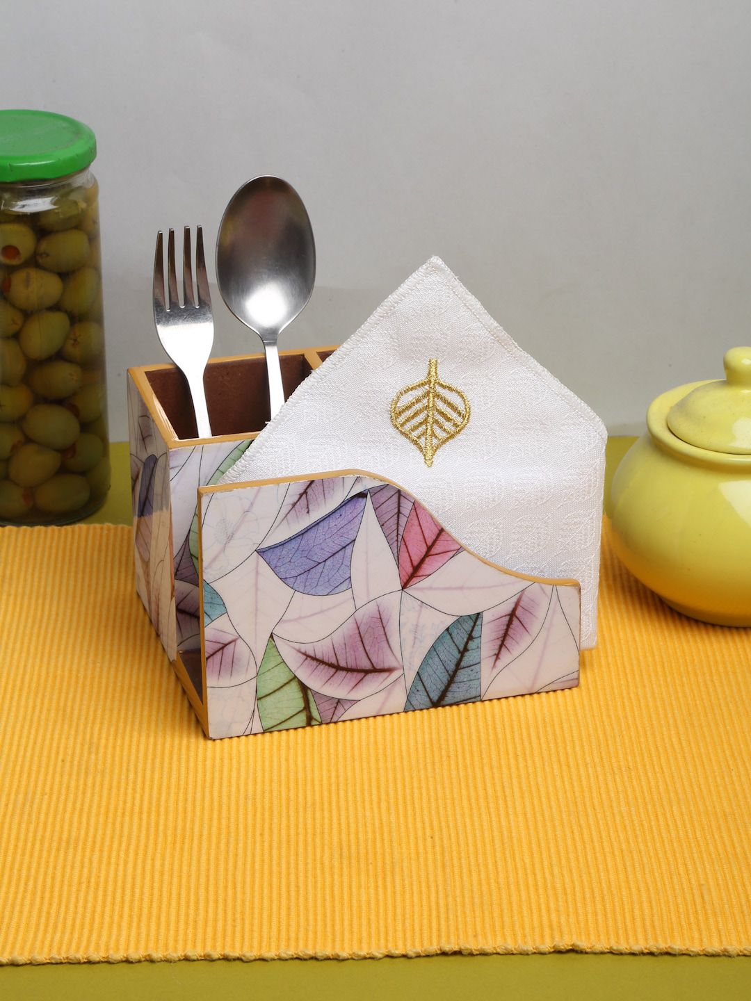 ROMEE White Printed Cutlery Holder For Dining Table Decor with Tissue Paper Holder Price in India