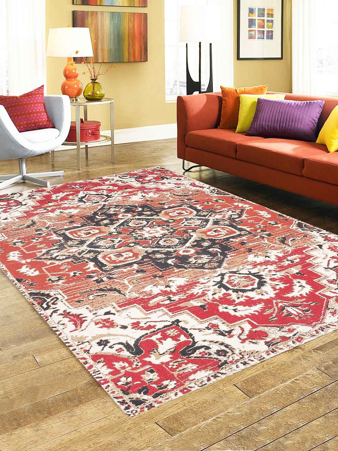 BLANC9 Black & Red Ethnic Motifs Patterned 800 GSM Cotton Carpets Price in India