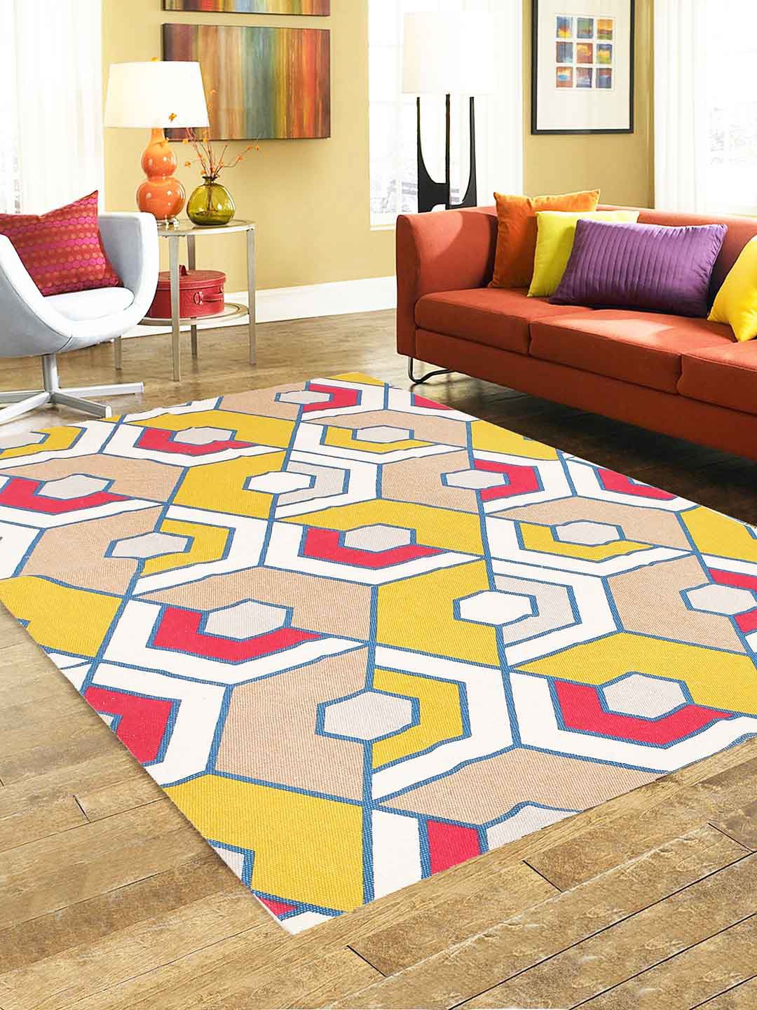 BLANC9 Yellow & White Geometric Printed Cotton Carpet Price in India