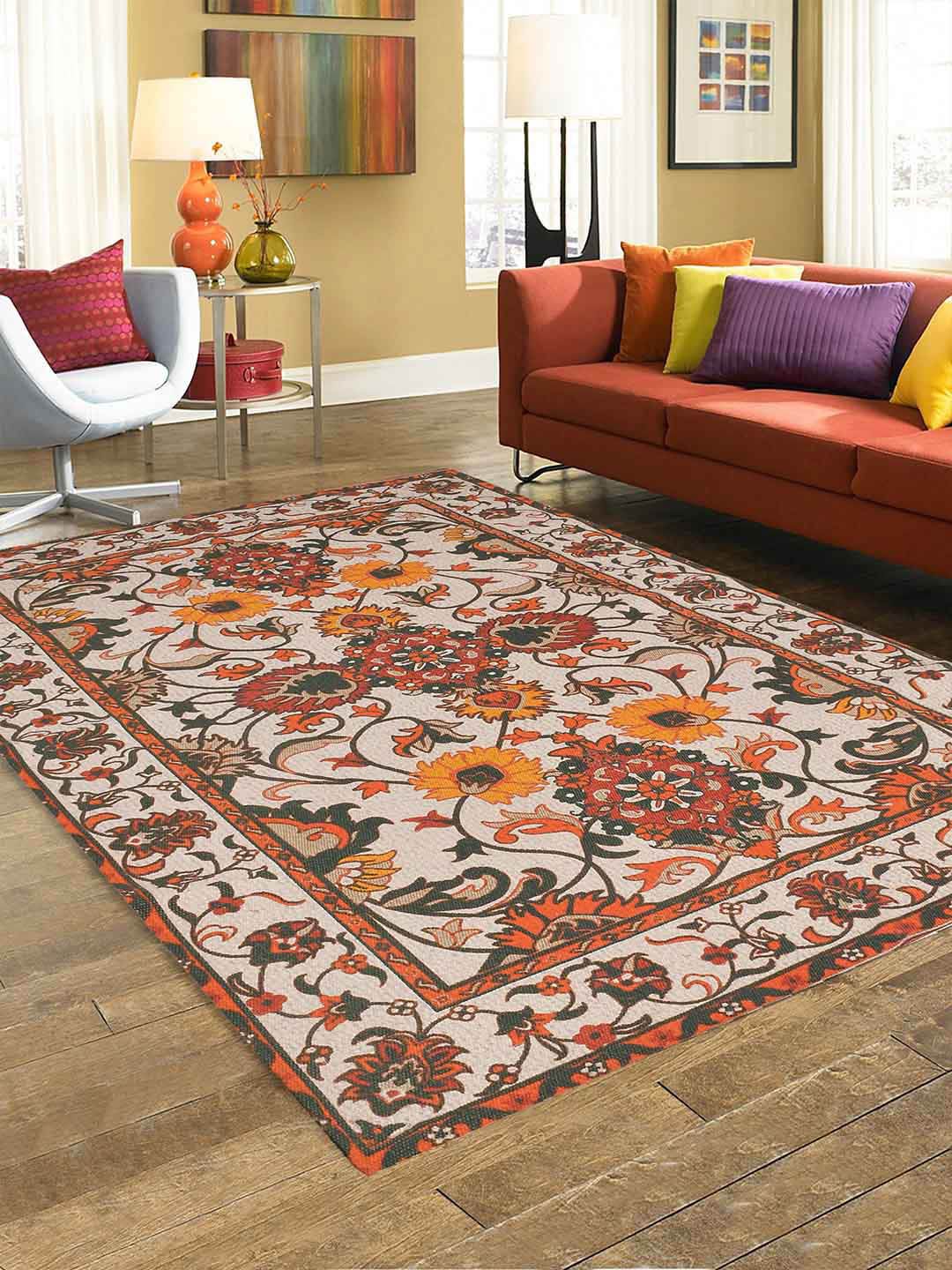 BLANC9 & White & Orange Floral Cotton Carpets Price in India