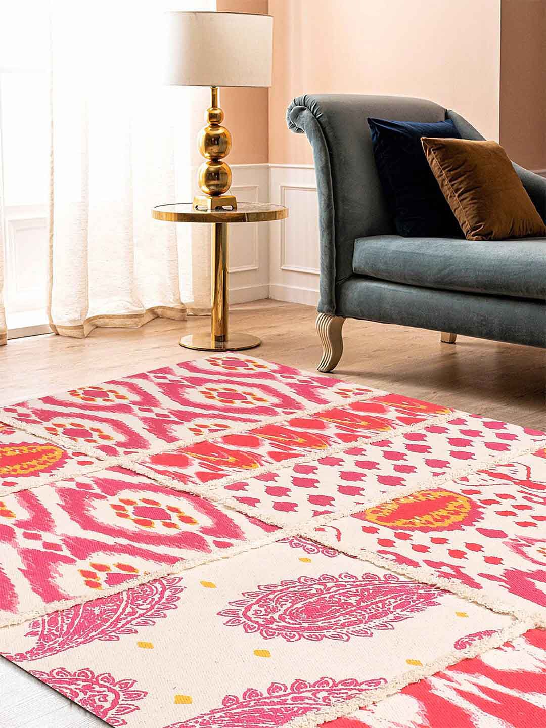 BLANC9 Beige Colored & Pink Patterned Cotton Carpets Price in India