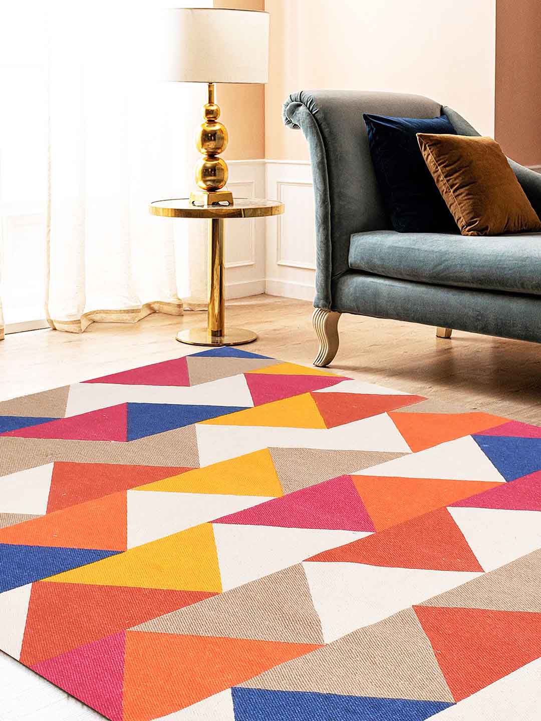 BLANC9 White & Orange Geometric Printed Cotton Carpet Price in India