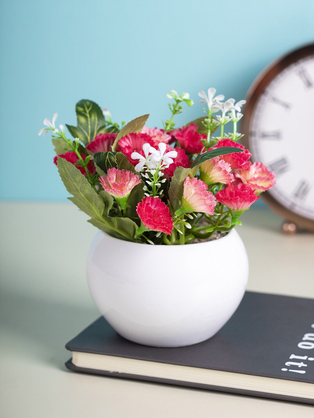 MARKET99 White & Pink Solid Artificial Flowers With Pot Price in India