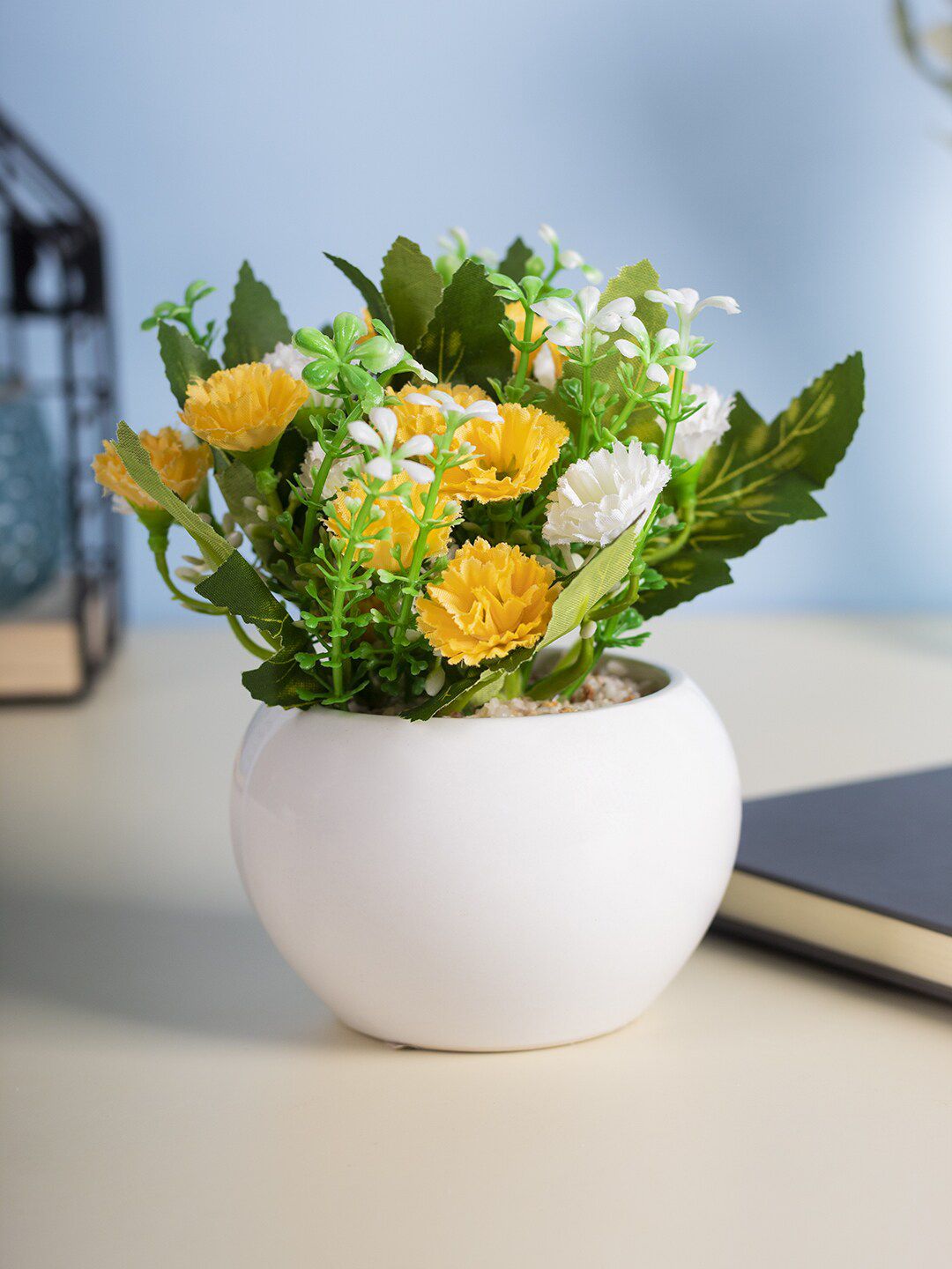 MARKET99 White & Yellow Round Plastic Flower With Pot Price in India