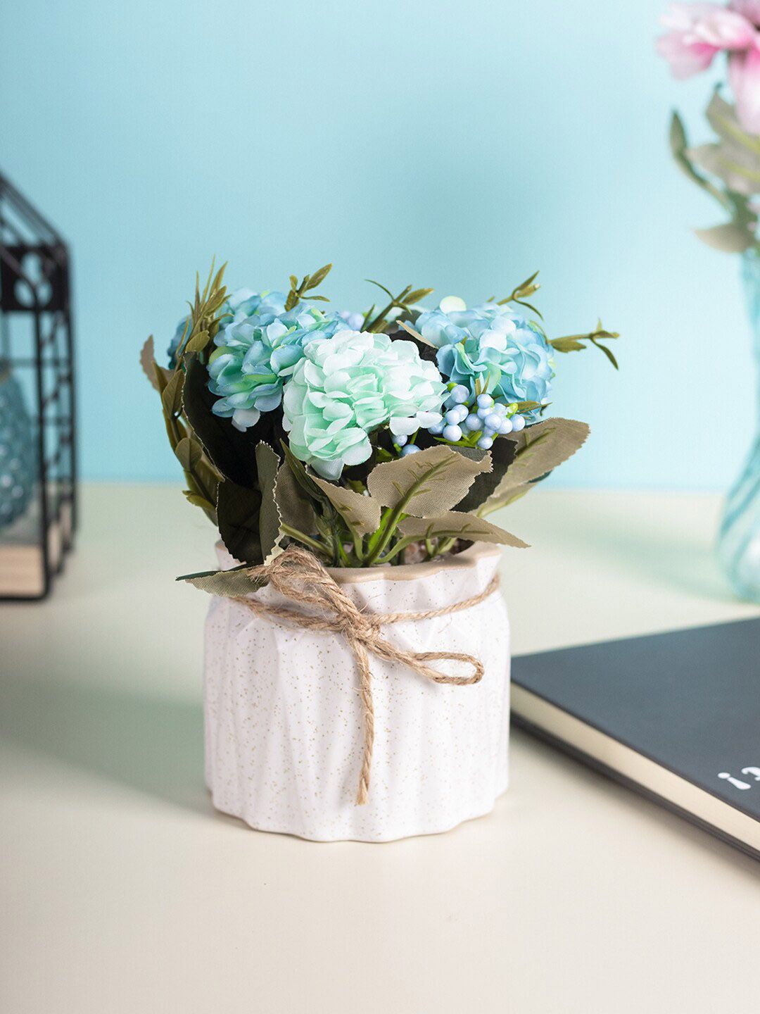 MARKET99 White Diamond Shaped Pot With Blue Artificial Flowers and Plants Price in India