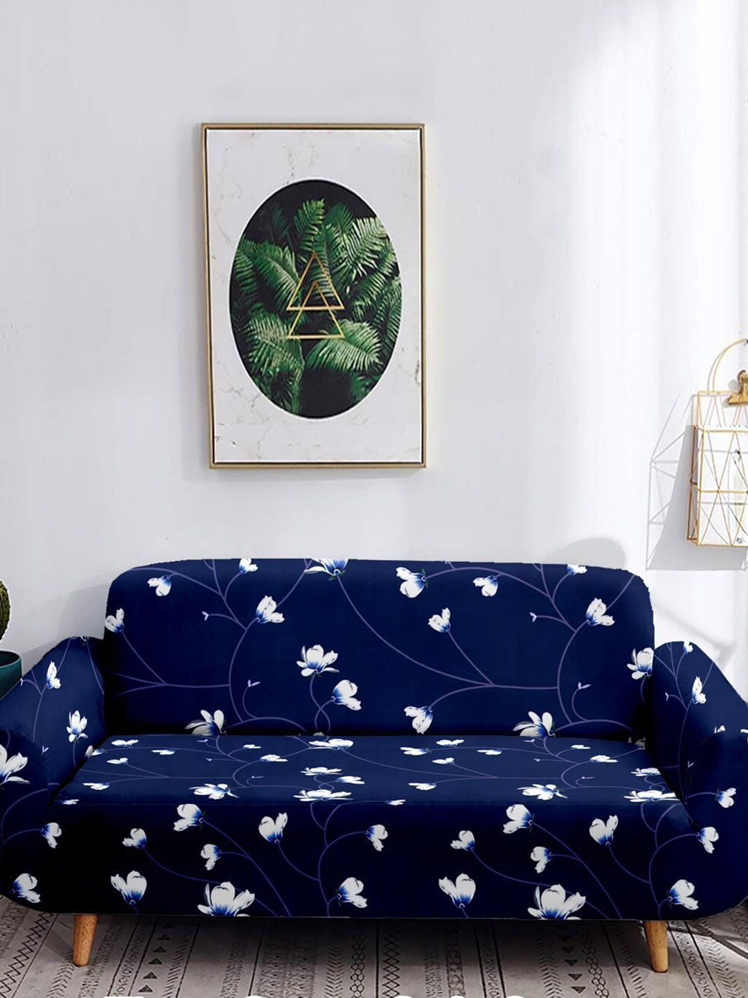 Cortina Navy Blue & White Printed 4 Seater Sofa Cover Price in India