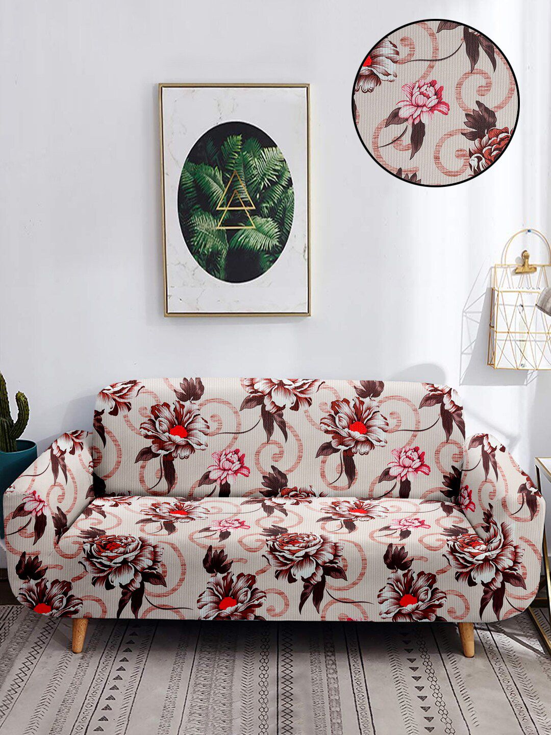 Cortina Brown & Pink Floral Printed 4 Seater Sofa Cover Price in India