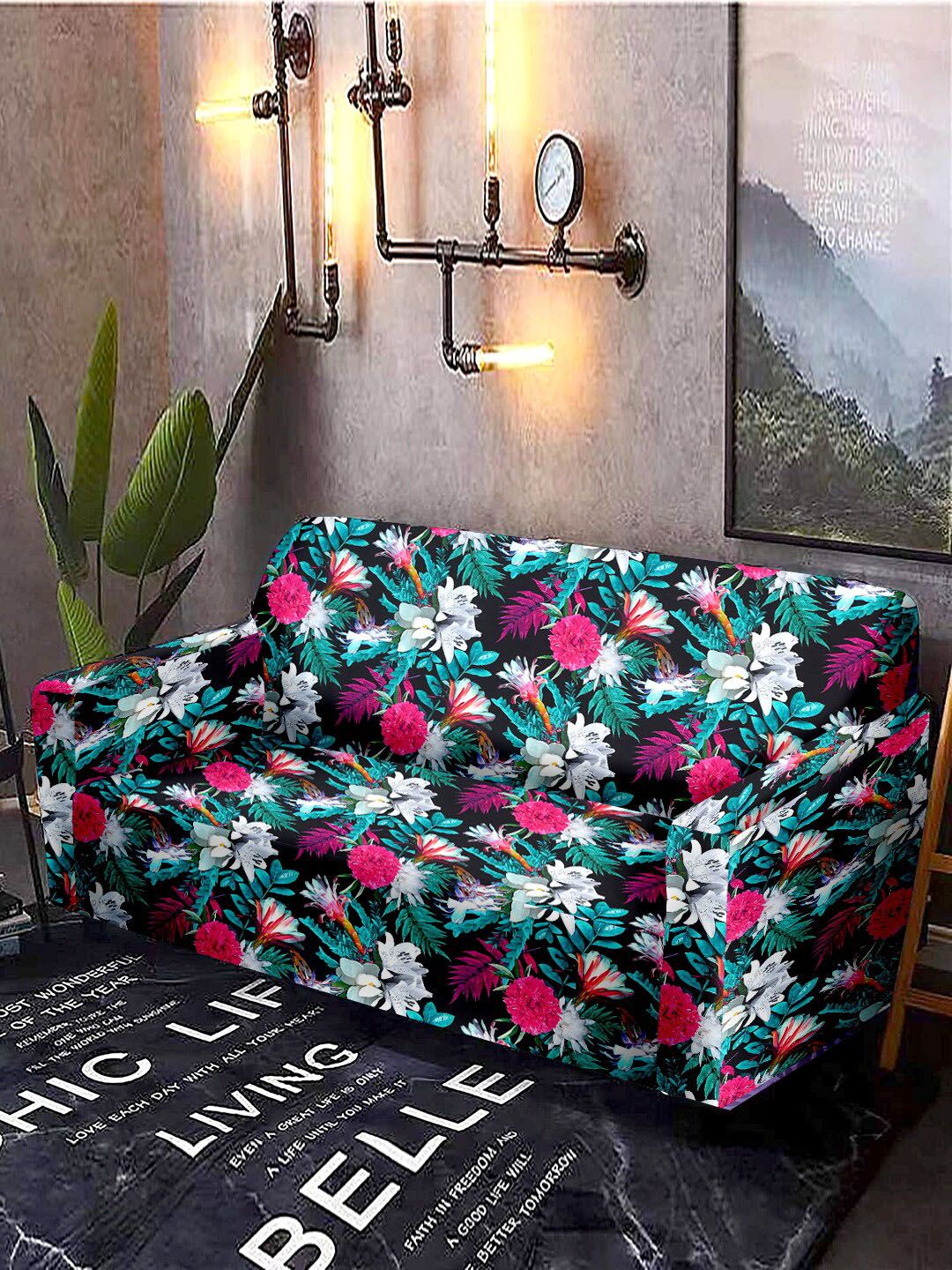 Cortina Pink & Green Printed 4-Seater Sofa Cover Price in India