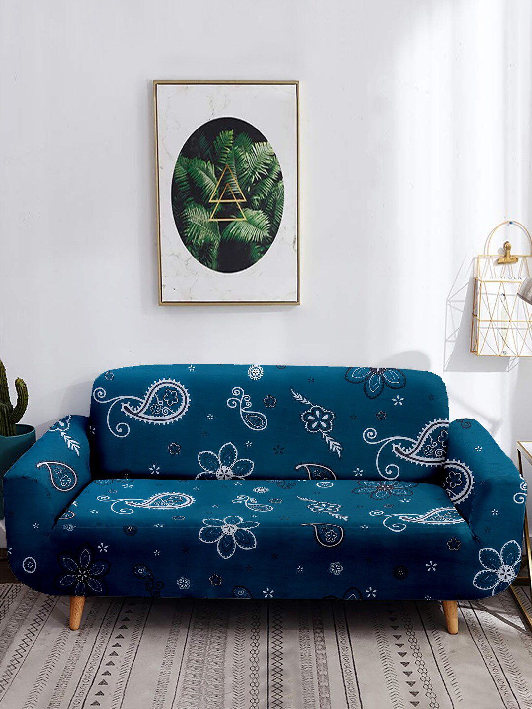 Cortina Teal Green Printed 4-Seater Non-Slip Sofa Cover Price in India
