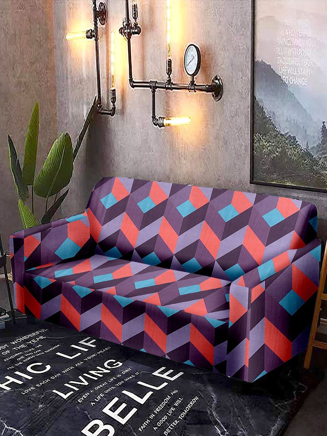 Cortina Blue & Orange Printed 4 Seater Sofa Cover Price in India