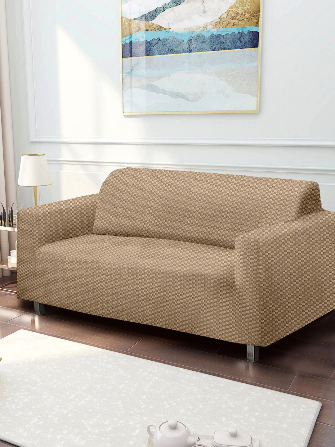 Cortina Beige Solid 4 Seater Sofa Cover Price in India