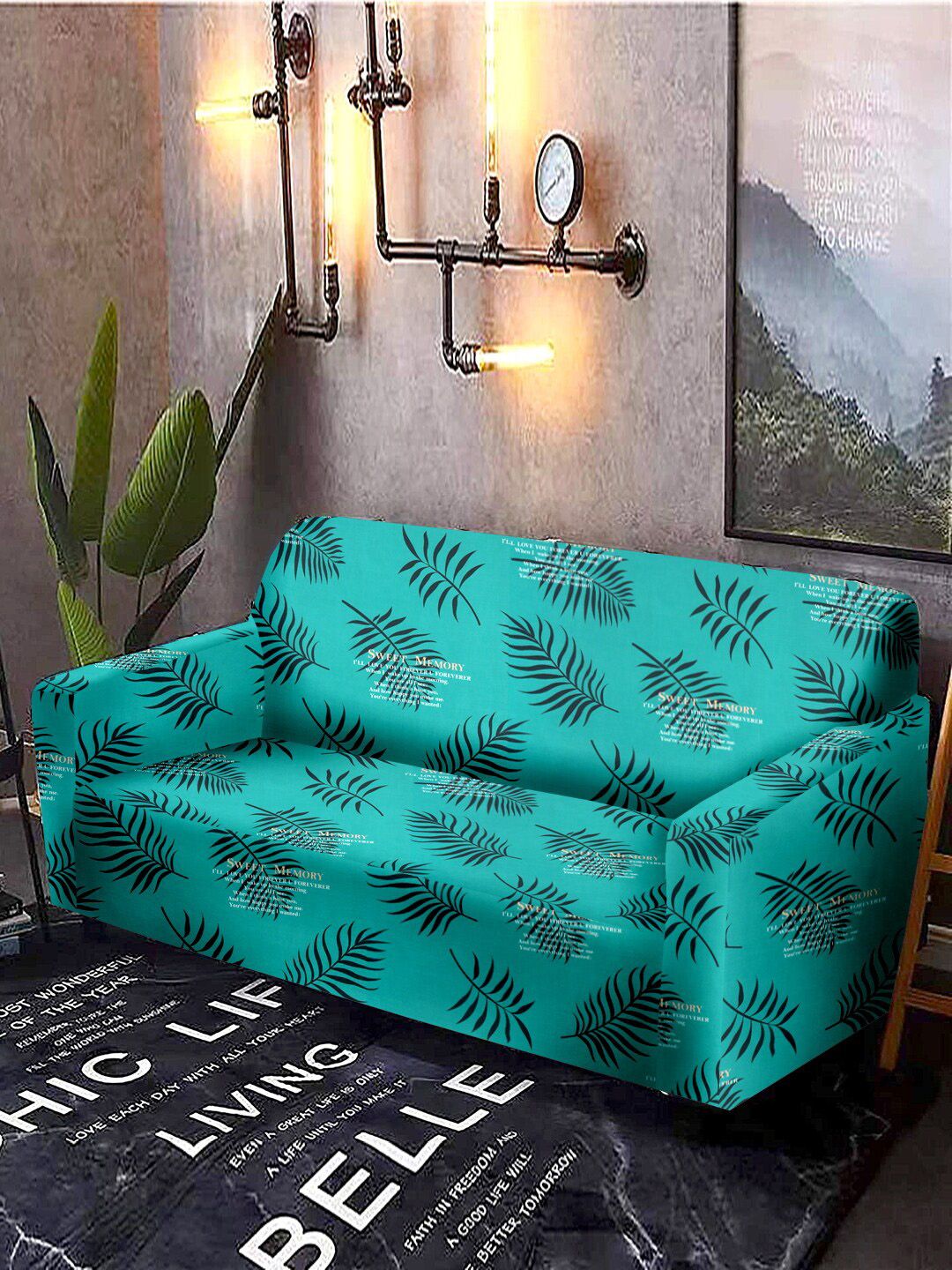 Cortina Aqua Blue Printed 4-Seater Sofa Cover Price in India