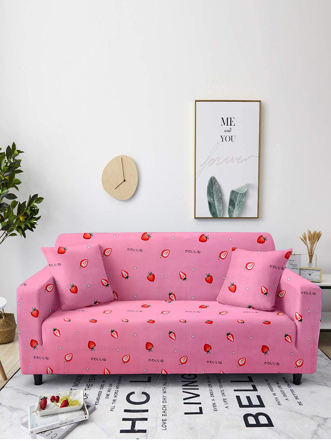 Cortina Pink & Red Printed 4-Seater Non-Slip Sofa Cover Price in India