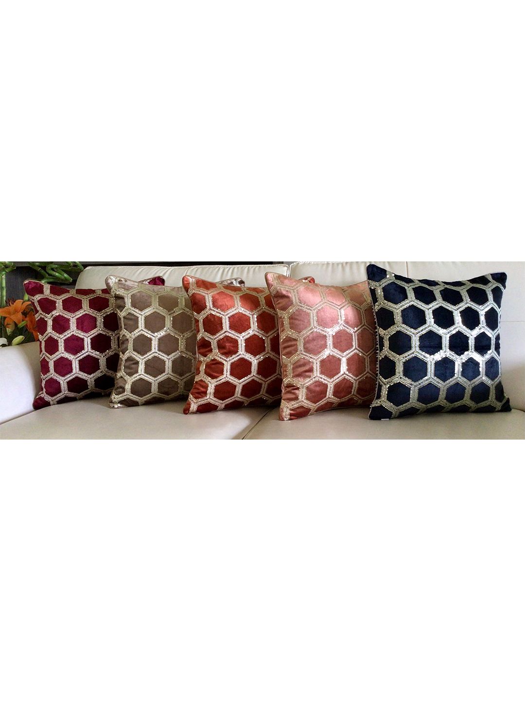 TARA- Sparkling Homes Blue & Gold-Toned Geometric Velvet Square Cushion Covers Price in India