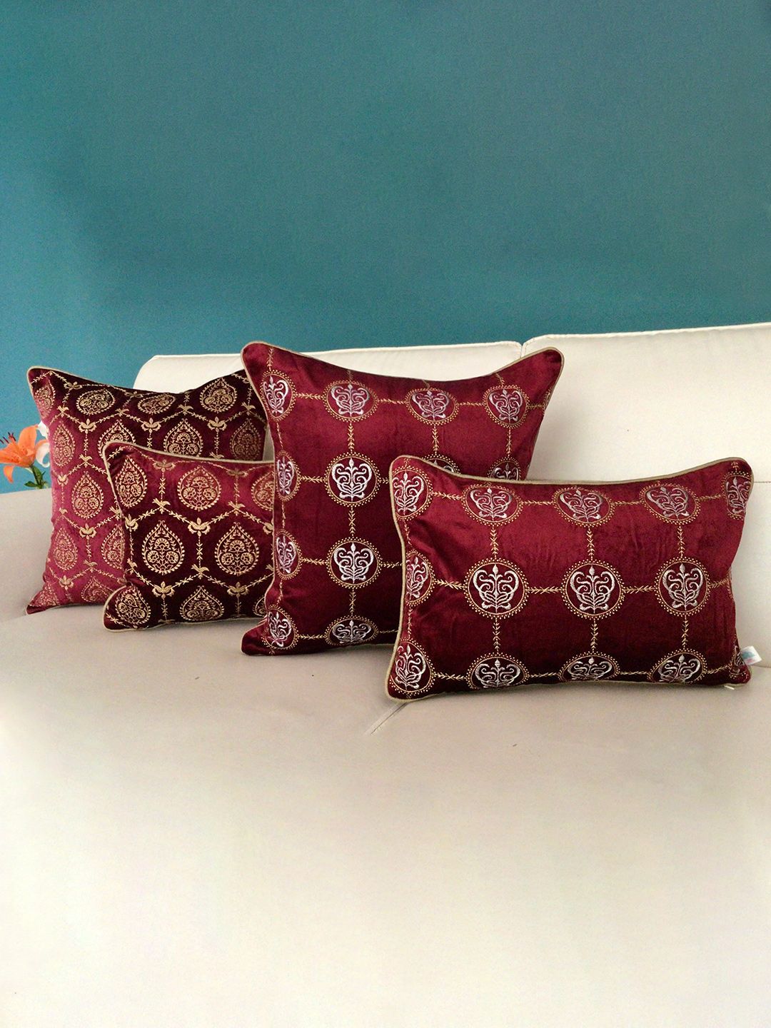 TARA- Sparkling Homes Maroon & Gold-Toned Ethnic Motifs Velvet Square Cushion Covers Price in India