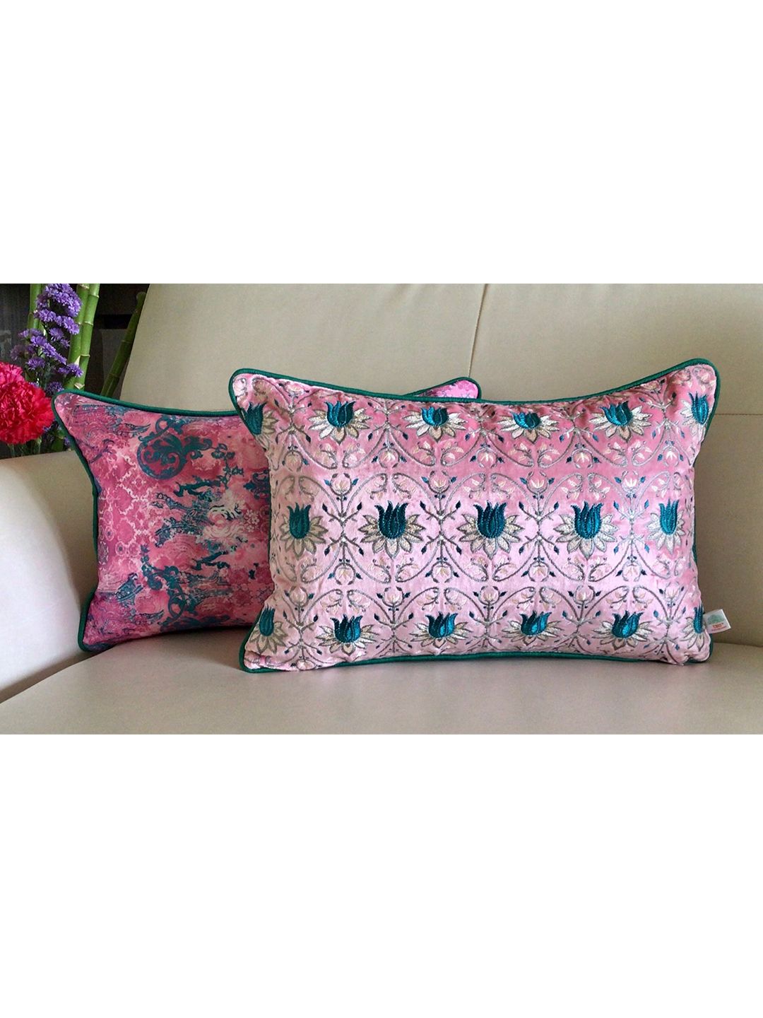 TARA- Sparkling Homes Pink & Gold-Toned Floral Velvet Rectangle Cushion Covers Price in India