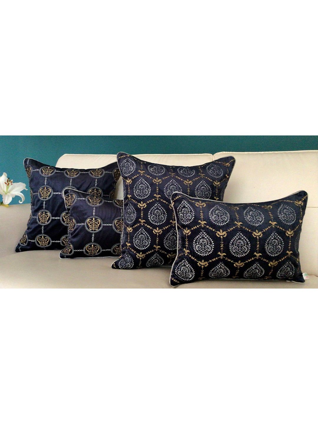 TARA- Sparkling Homes Blue & Gold-Toned Ethnic Motifs Velvet Rectangle Cushion Covers Price in India