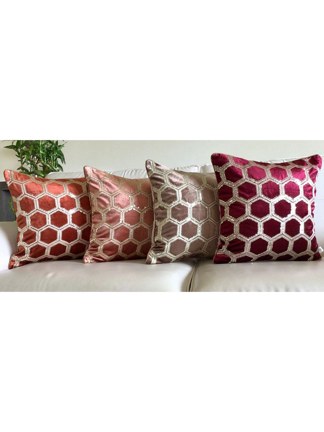 TARA- Sparkling Homes Gold-Toned & Gold-Toned Geometric Velvet Square Cushion Covers Price in India