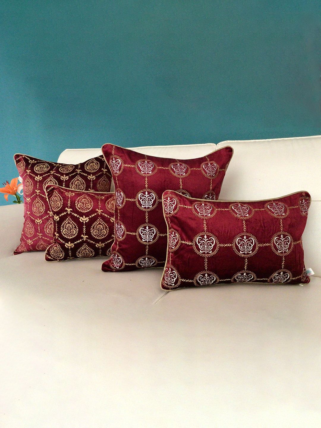 TARA- Sparkling Homes Maroon & Gold-Toned Ethnic Motifs Velvet Square Cushion Covers Price in India