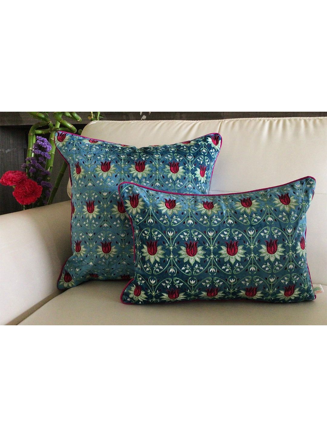 TARA- Sparkling Homes Blue & Pink Floral Velvet Square Cushion Covers Price in India