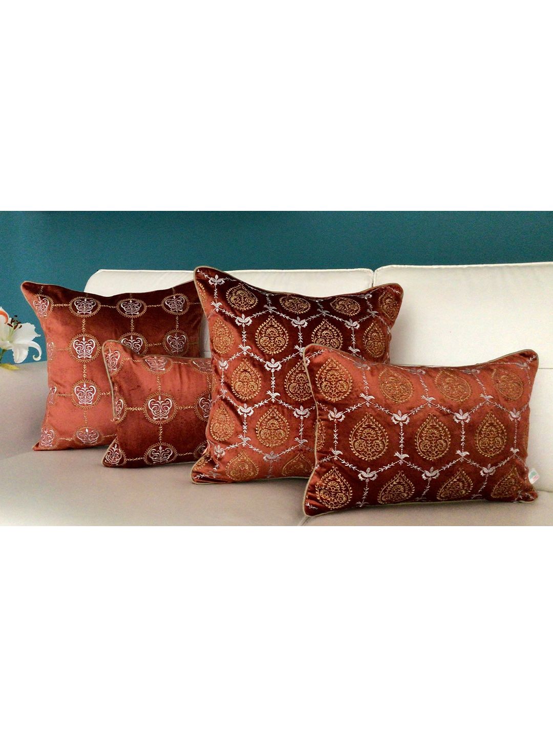 TARA- Sparkling Homes Orange & White Ethnic Motifs Velvet Square Cushion Covers Price in India