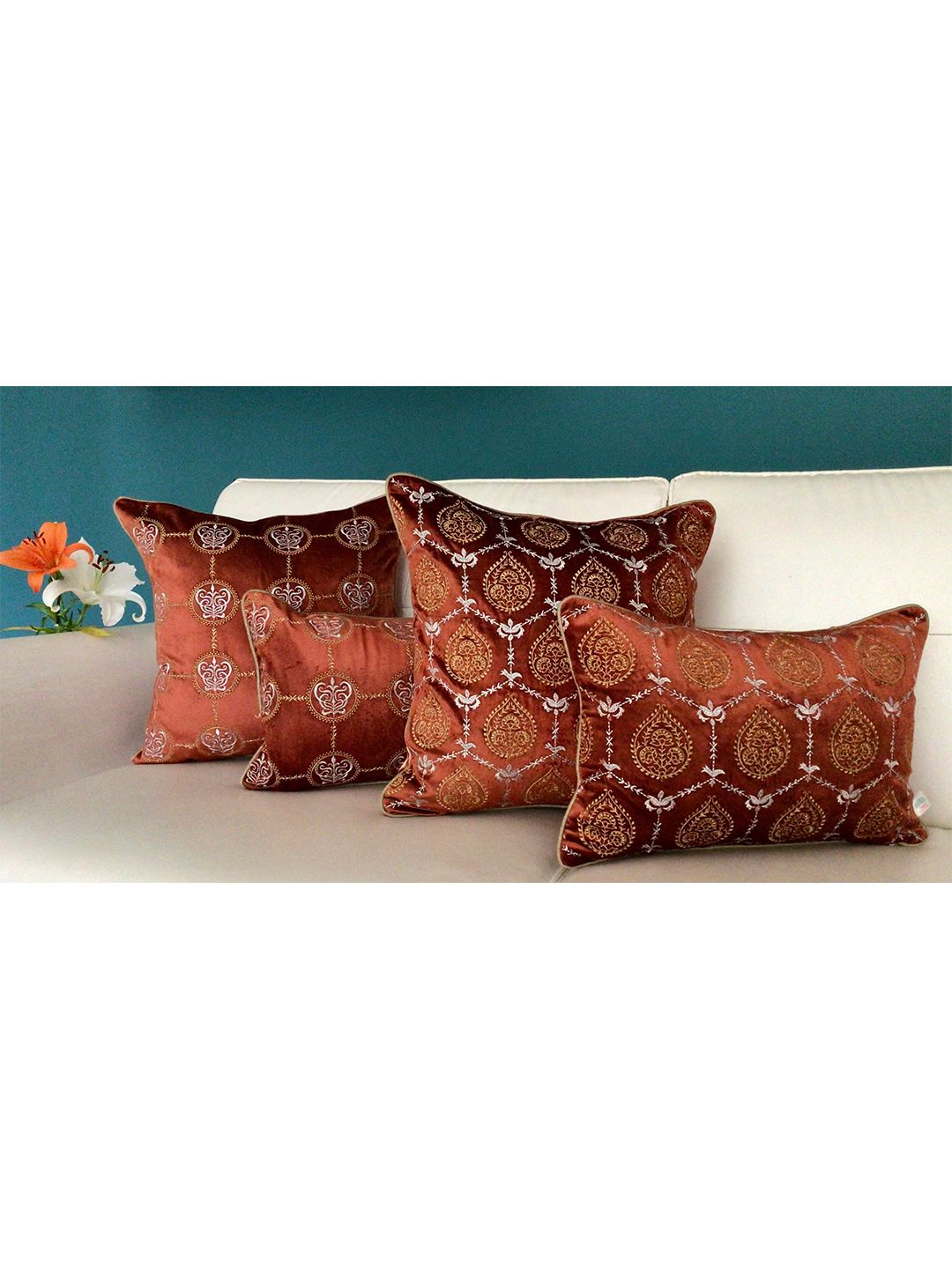 TARA- Sparkling Homes Orange & Gold-Toned Ethnic Motifs Velvet Square Cushion Covers Price in India