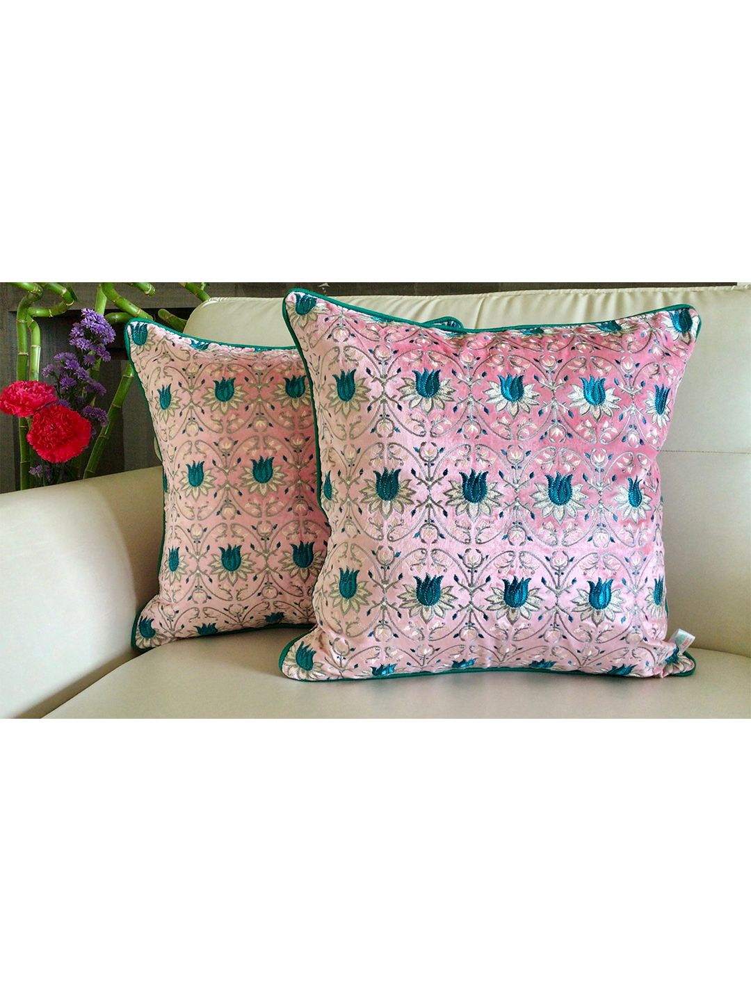 TARA- Sparkling Homes Pink & Blue Floral Velvet Square Cushion Covers Price in India