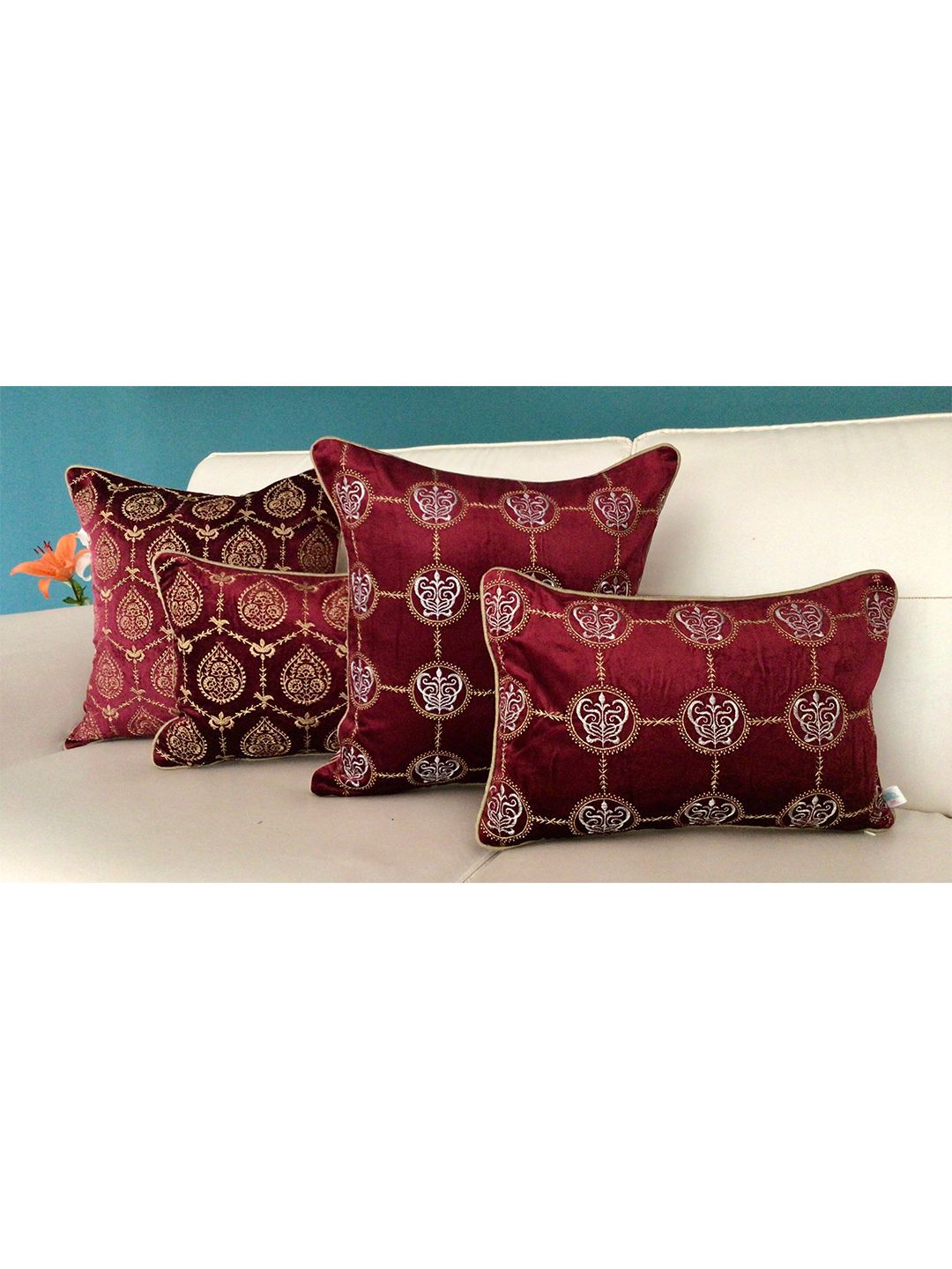 TARA- Sparkling Homes Maroon Embroidered Velvet Rectangle Cushion Covers Price in India