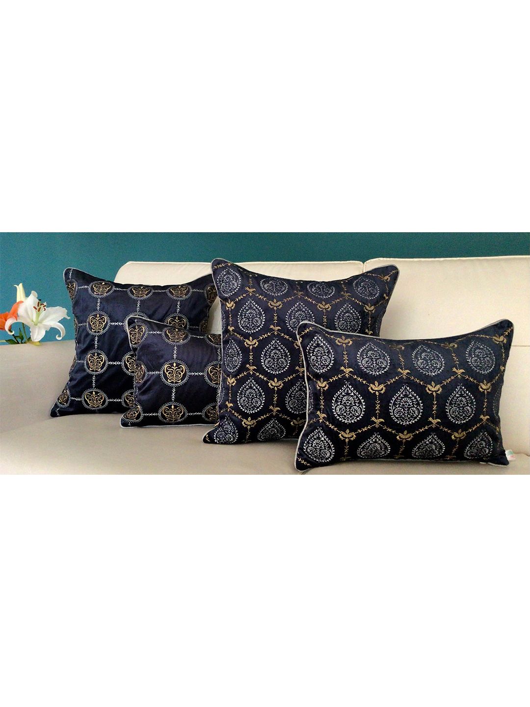 TARA- Sparkling Homes Blue & Gold-Toned Ethnic Motifs Velvet Square Cushion Covers Price in India