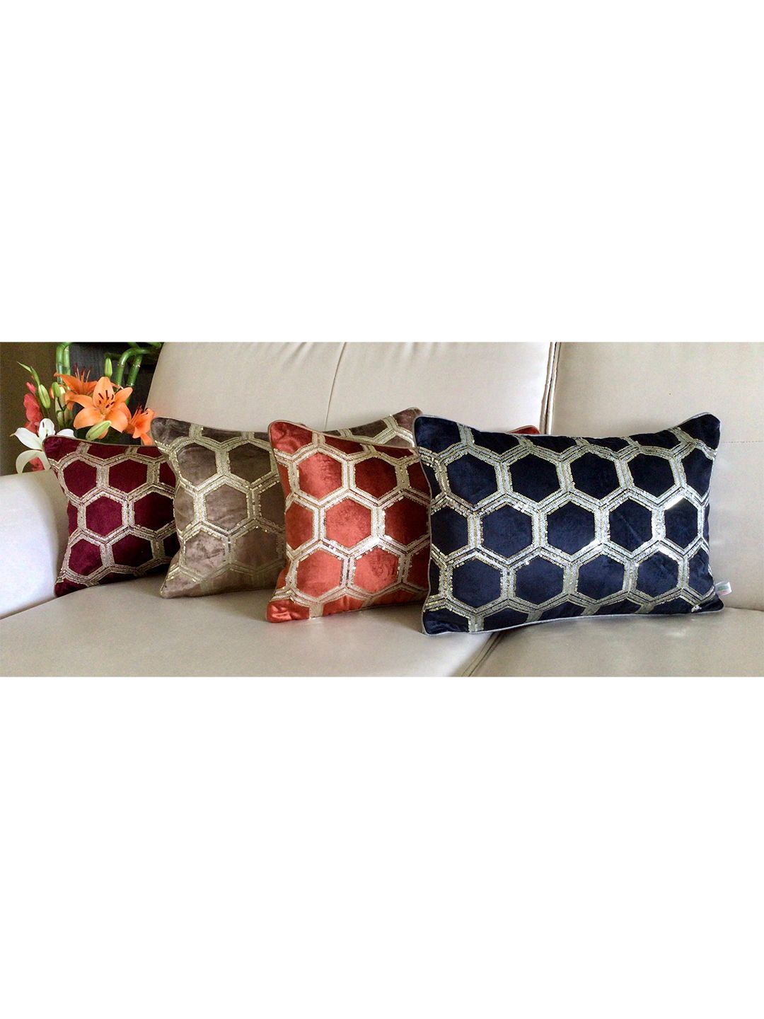 TARA- Sparkling Homes Blue & Gold-Toned Geometric Velvet Rectangle Cushion Covers Price in India