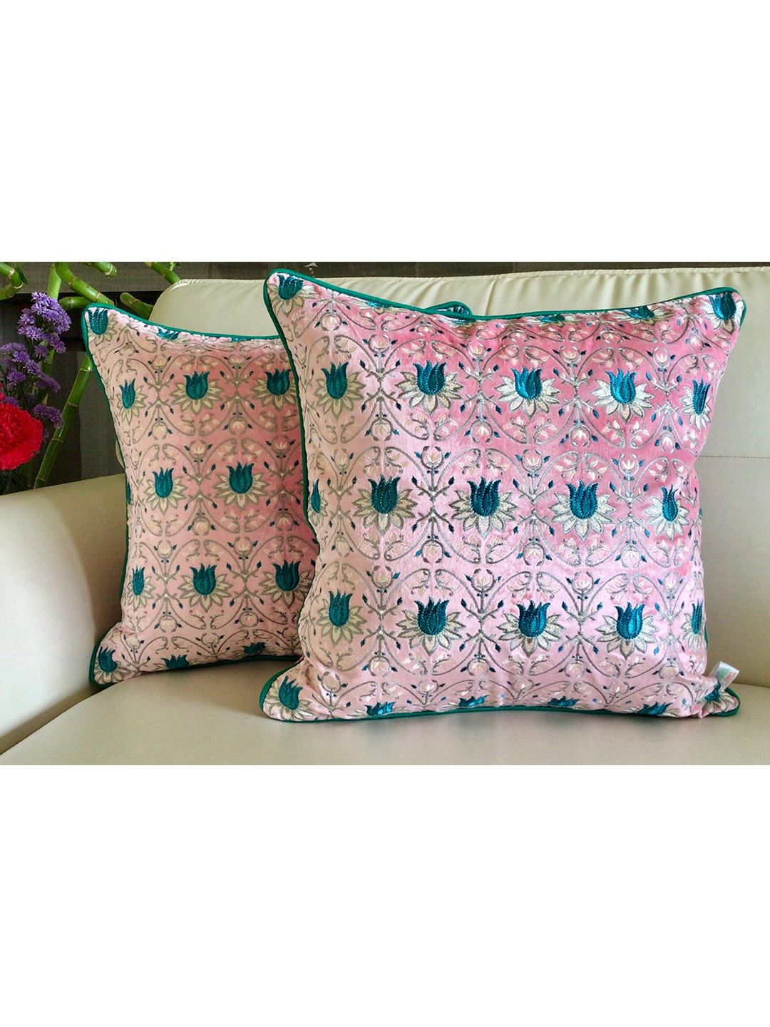 TARA- Sparkling Homes Pink & Green Floral Velvet Square Cushion Covers Price in India