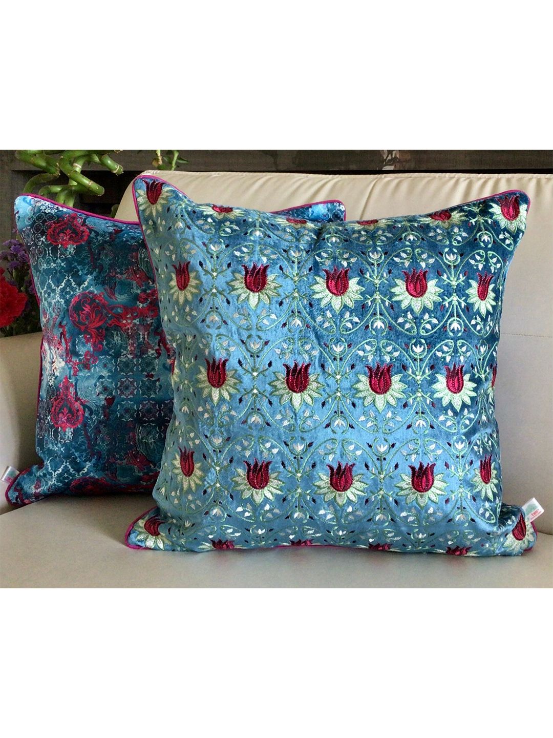 TARA- Sparkling Homes Blue & Red Floral Velvet Square Cushion Covers Price in India