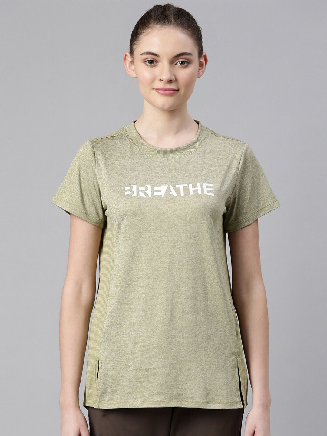 Enamor Women Olive Green Typography Printed Cotton Antimicrobial T-shirt Price in India