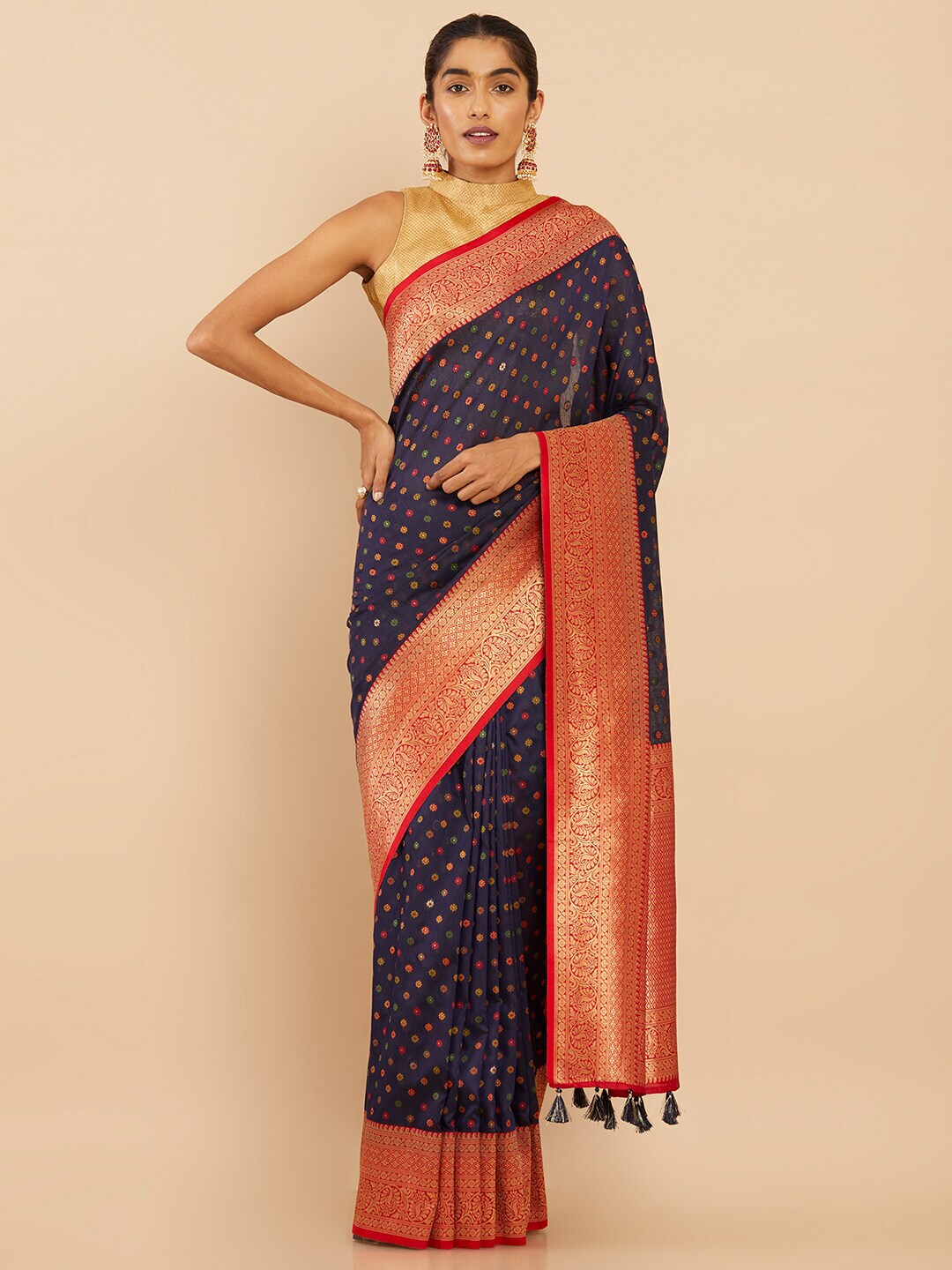 Soch Navy Blue & Red Woven Design Zari Art Silk Saree Price in India