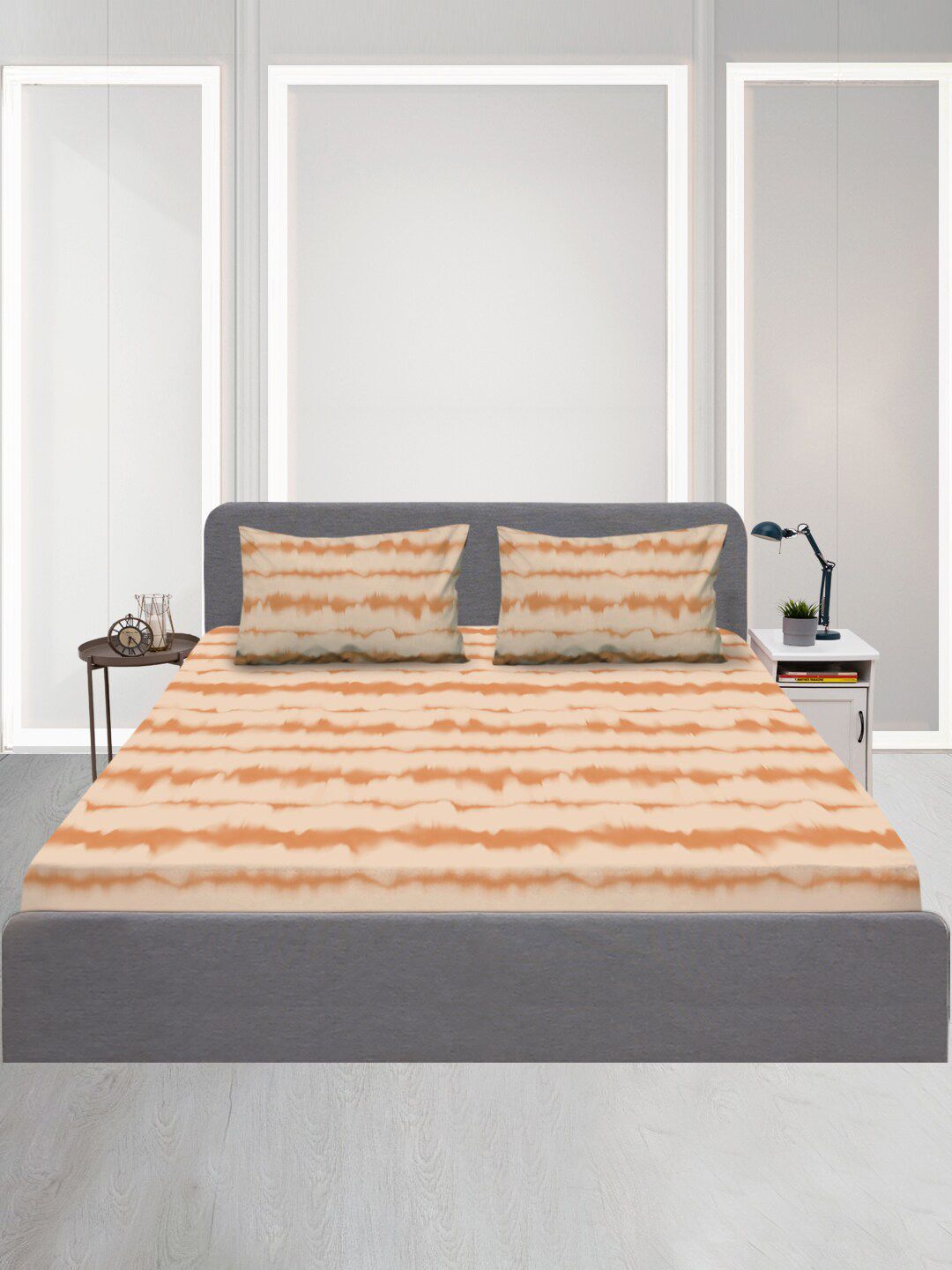 SLEEPX Orange Striped 120 TC Single Bedsheet with 1 Pillow Covers Price in India