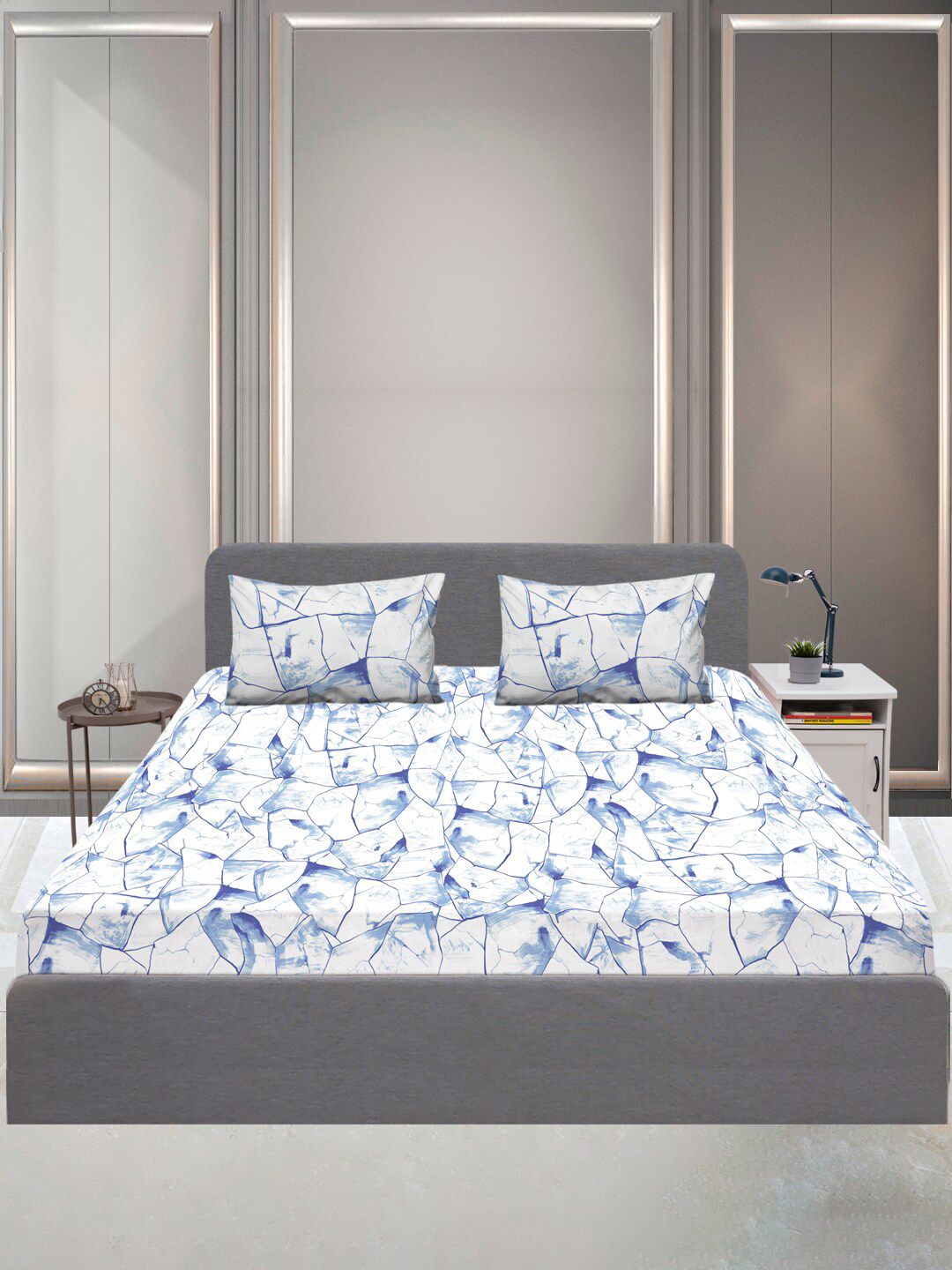 SLEEPX Blue & White Geometric 144 TC Queen Bedsheet with 2 Pillow Covers Price in India