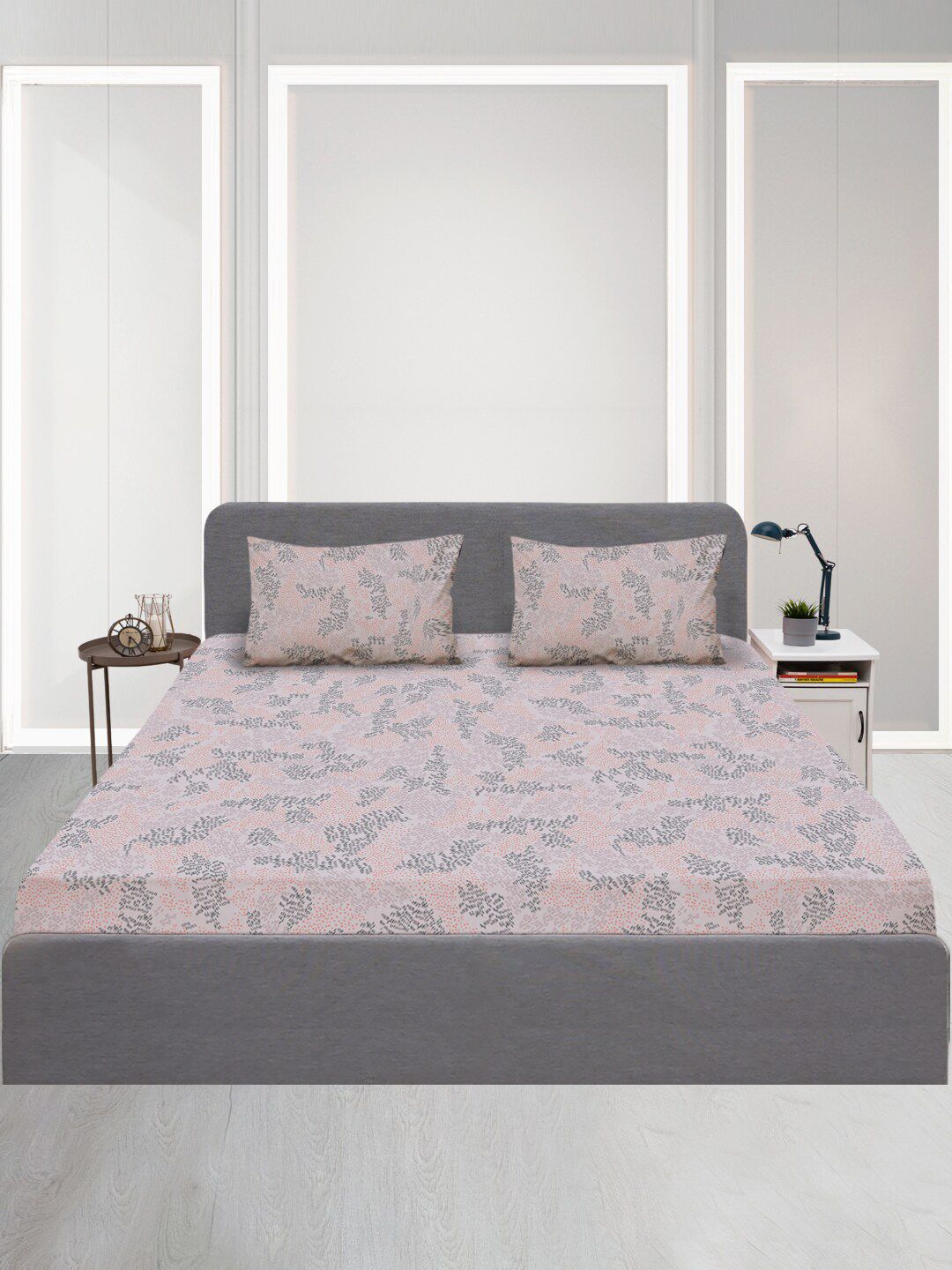 SLEEPX Grey & Purple Floral 120 TC Queen Bedsheet with 2 Pillow Covers Price in India