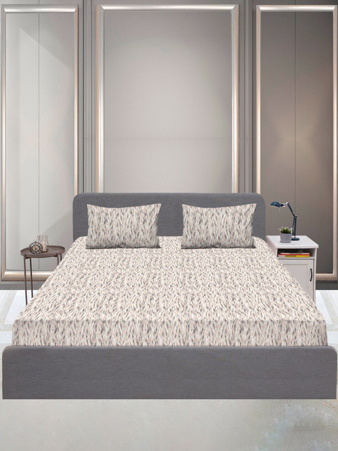 SLEEPX Cream-Coloured & Grey Graphic 144 TC Queen Bedsheet with 2 Pillow Covers Price in India