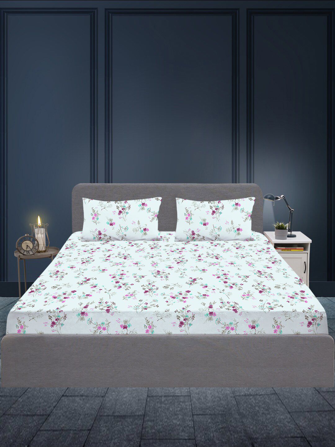 SLEEPX Blue & Purple Floral 180 TC King Bedsheet with 2 Pillow Covers Price in India