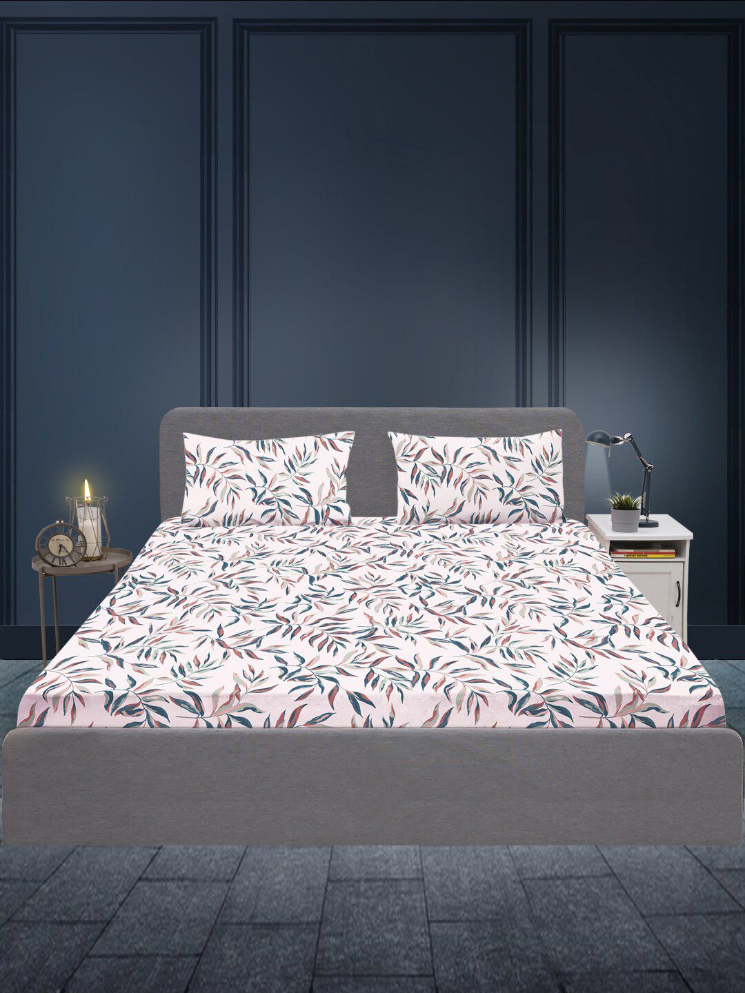 SLEEPX Peach-Coloured & Blue Graphic 180 TC Queen Bedsheet with 2 Pillow Covers Price in India