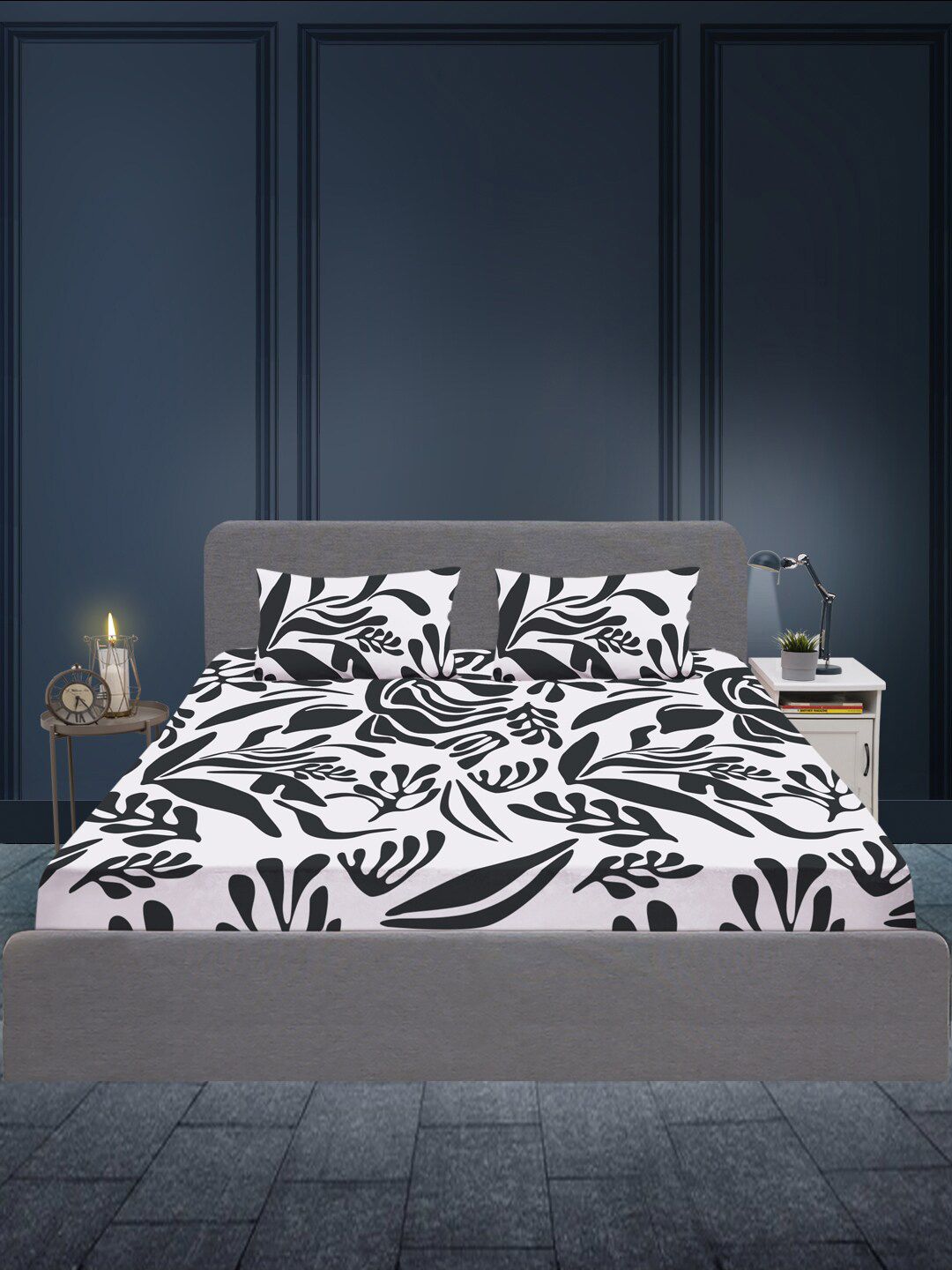 SLEEPX Black & White Floral 180 TC Queen Bedsheet with 2 Pillow Covers Price in India