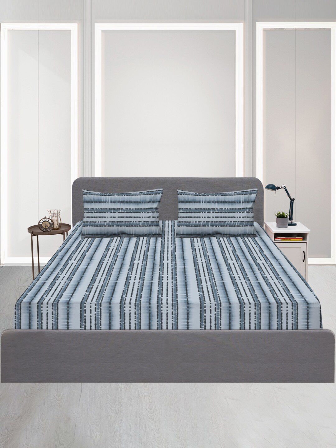 SLEEPX Blue & Black Striped 120 TC Queen Bedsheet with 1 Pillow Covers Price in India