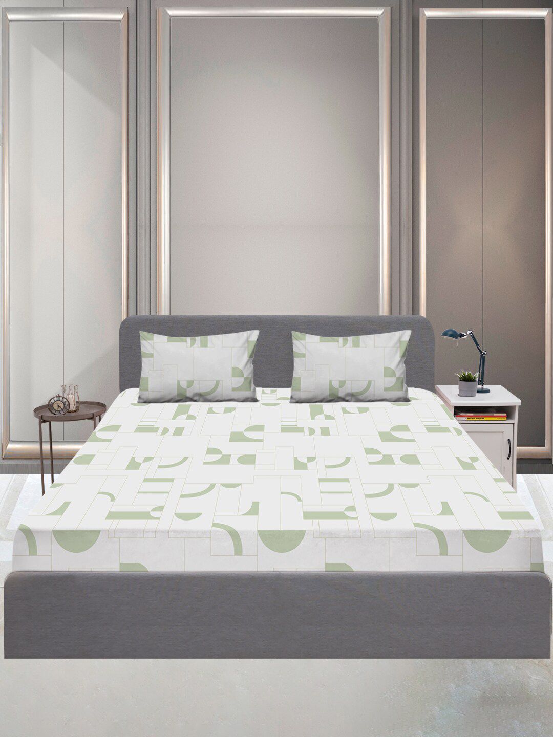 SLEEPX Off White & Green Geometric 144 TC Queen Bedsheet with 2 Pillow Covers Price in India