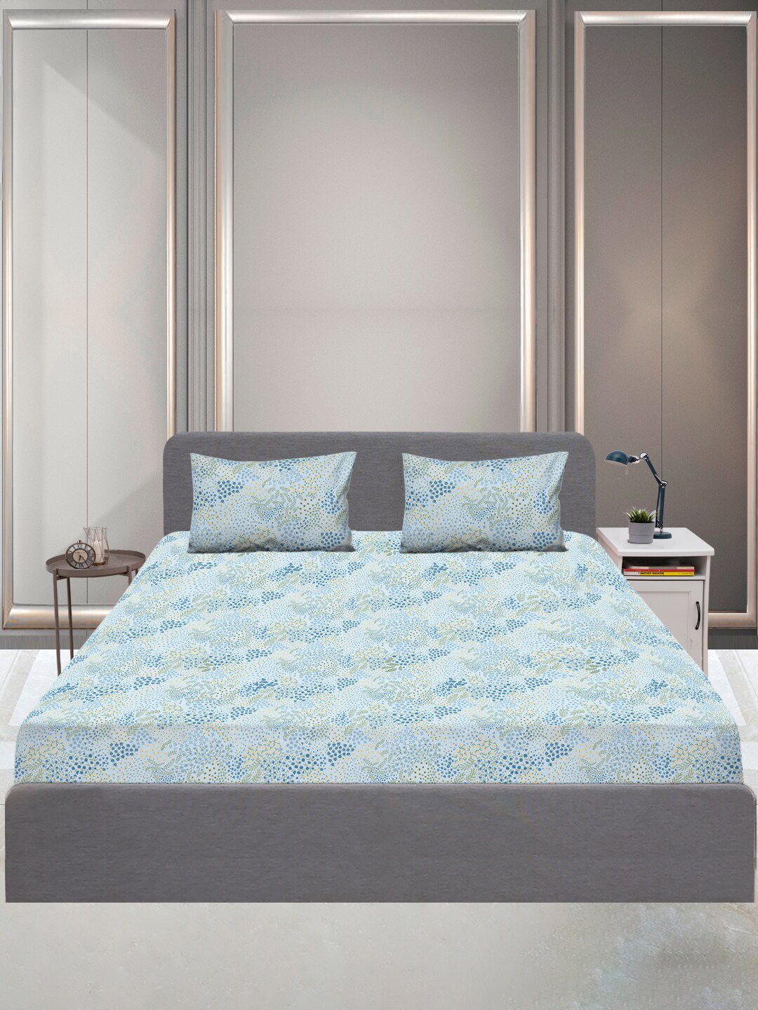 SLEEPX Blue & Green Geometric 144 TC King Bedsheet with 2 Pillow Covers Price in India